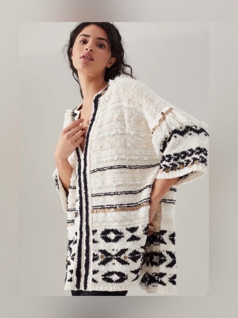 Anthropologie Women’s Margot Oversized Fringed Poncho V-neck Sweater Size XS/S